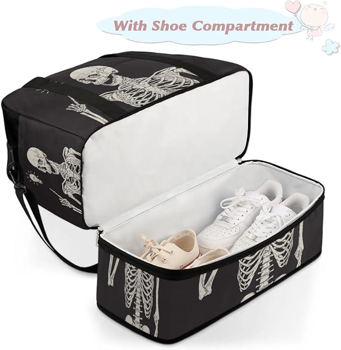 Black Skull Human Skeleton Foldable Travel Duffel Bag Sports Tote Gym Bag With Shoe Compartment For Woman Man Carry On Luggage Overnight Travel Weekend Yoga Workout Bag Training Handbag