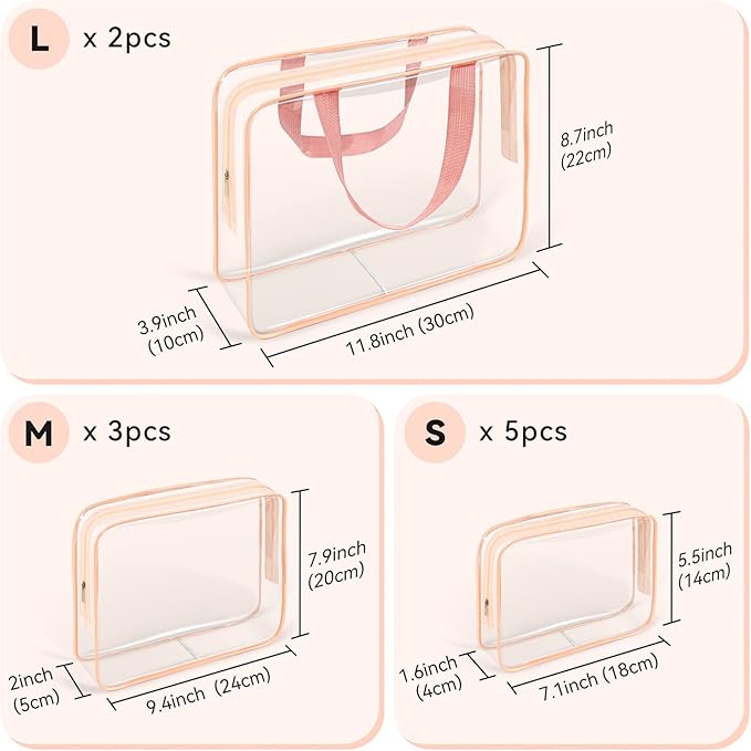 TISRATOK 10 PCS Clear Travel Makeup Toiletry Bag, Plastic PVC Cosmetic TSA Approved Organizer Kit with Zipper Handbag（Pink）
