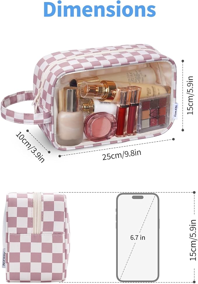 Narwey Checkered Clear Makeup Bag Cosmetic Bag with Zipper for Travel, Clear Toiletry Bags for Traveling Toiletries Women Men, Make Up Pouch with Handle, Skincare Bag (Dusty Pink Checkerboard)