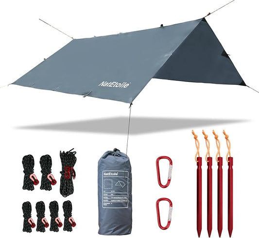 Waterproof Camping Tarp - PU5000mm Coating Rain Fly for Hammock Cover, Tarp Tent, Versatile with 19 tie-Outs - Portable, Essential for Backpacking and Camping Gear - 10x10ft