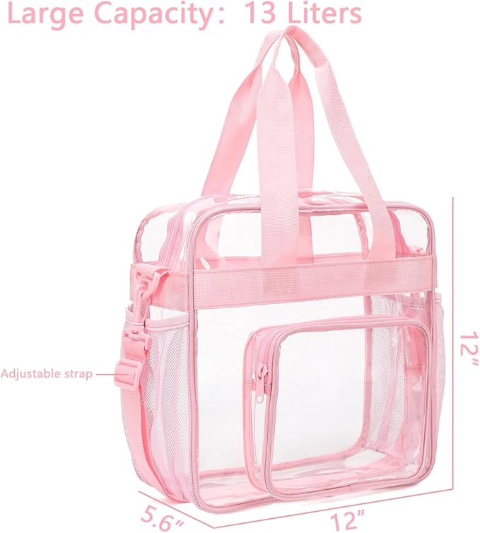FlowFly Clear Bag for Stadium Events With Shoulder Strap for Women, Men, Large and Reusable Lunch Container, Work and Sporting Events, Travel 12x6x12 Clear Tote Bag, Clear#Pink