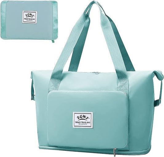 Expandable Travel Duffel Tote Bag - Foldable Overnight Weekender, Carry-On, Swim & Gym Bag - Fits Spirit Airlines Personal Item Size - Lightweight, Waterproof & Durable with Trolley Sleeve,Green