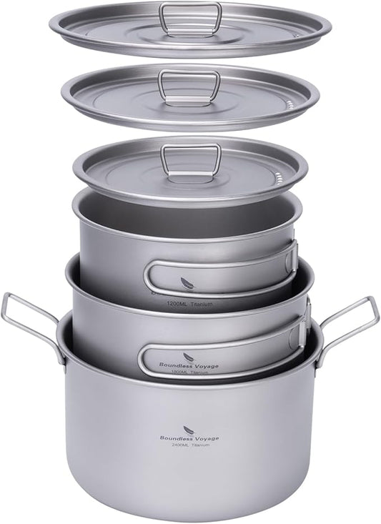 iBasingo 1.2L+1.8L+2.4L Titanium Pots Set with Lid Camping Cookware with Foldable Handle Portable Lightweight Cooking Kit Outdoor Kitchen Cooking Kit for Backpacking Hiking Picnic Fishing Ti2109C