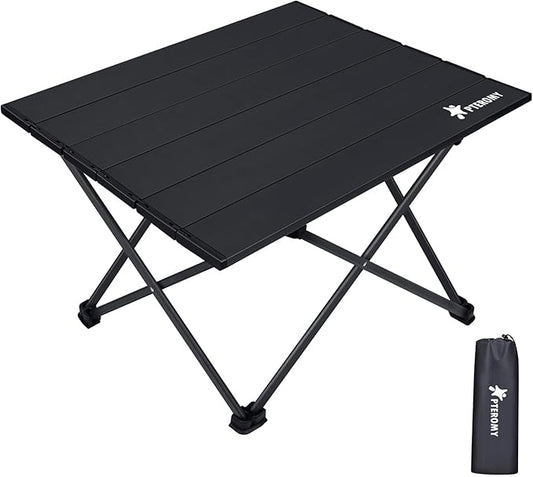 PTEROMY Folding Camping Table, Portable Beach Table with Ultralight Aluminum Tabletop for Travel, Outdoor, Camping, Picnics, and BBQs (Small, Black)