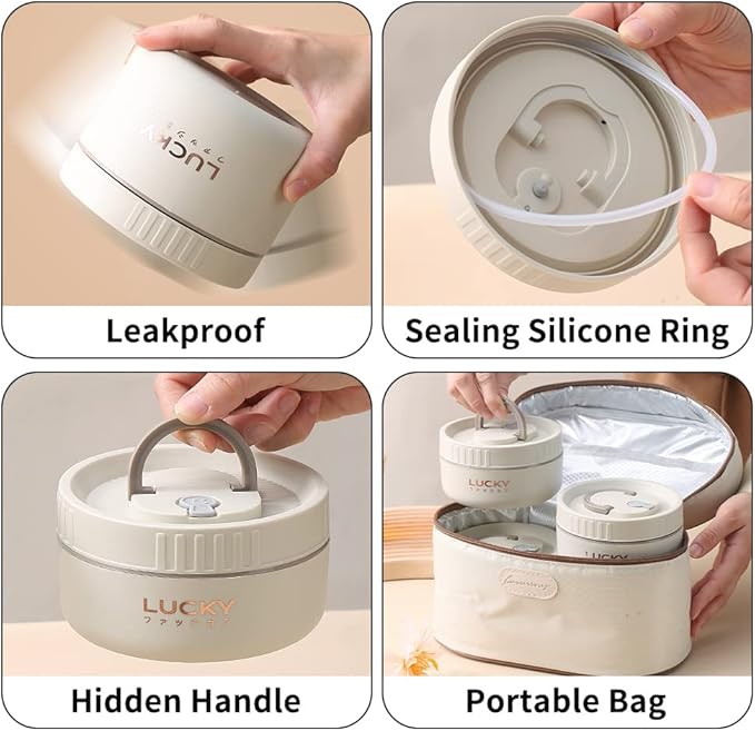 YBOBK HOME Thermal Bento Lunch Box, Portable Insulated Lunch Container For Kid Aldult To School Work, Keep Food Warm Stainless Steel Lunch Box With Bag, Induction Cooker & Microwave Safe (Beige 34oz)