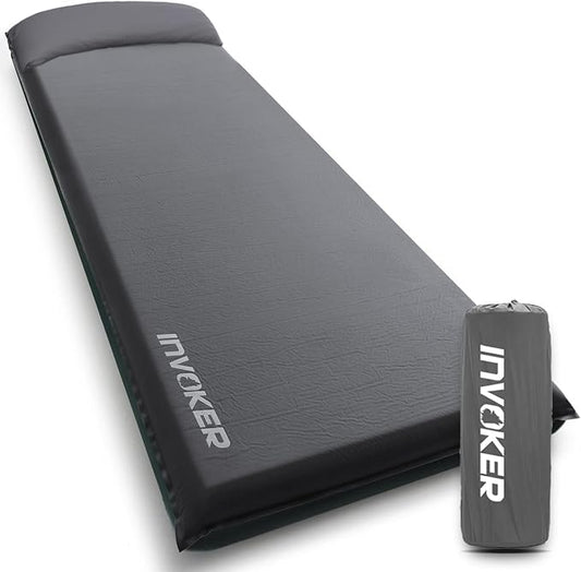 INVOKER Camping Sleeping Pad 2.75” Memory Foam Fast Self Inflating Insulated Durable Camping Mat Air Mattress with Pillow，for Tent, Traveling, Car, Camping, Grey