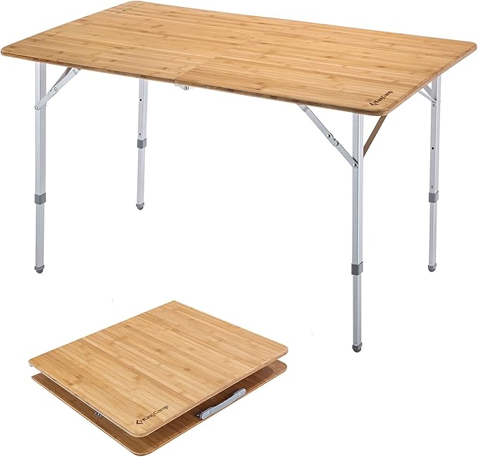 KingCamp Bamboo Folding Table Camping Table with Adjustable Height Aluminum Legs Heavy Duty 176 lbs 2-Folds Portable Camp Tables for Travel, Picnic, Beach, 6 People