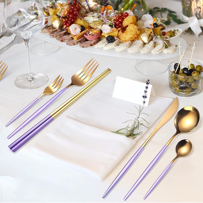 AARAINBOW 8 Pieces Stainless Steel Flatware Set Portable Reusable Cutlery Set Travel Utensils Set Including Chopsticks Knife Fork Spoon Straws Cleaning Brush Dishwasher Safe (Purple Golden)