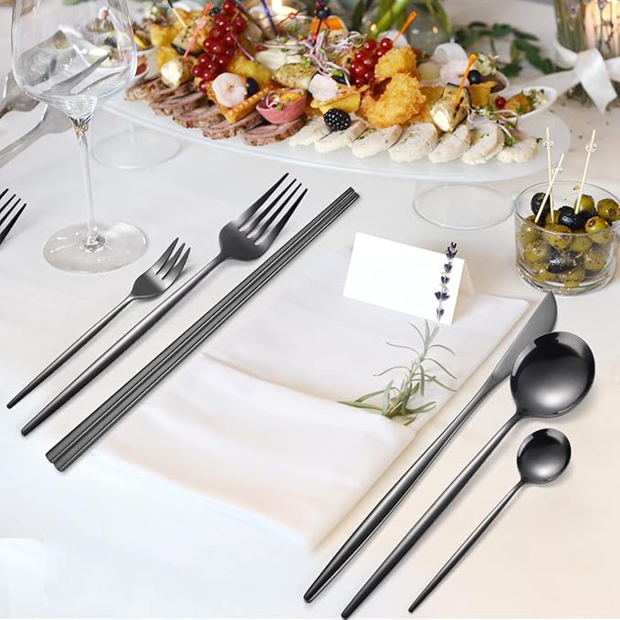 AARAINBOW 8 Pieces Stainless Steel Flatware Set Portable Reusable Cutlery Set Travel Utensils Set Including Chopsticks Knife Fork Spoon Straws Cleaning Brush Dishwasher Safe (Black)