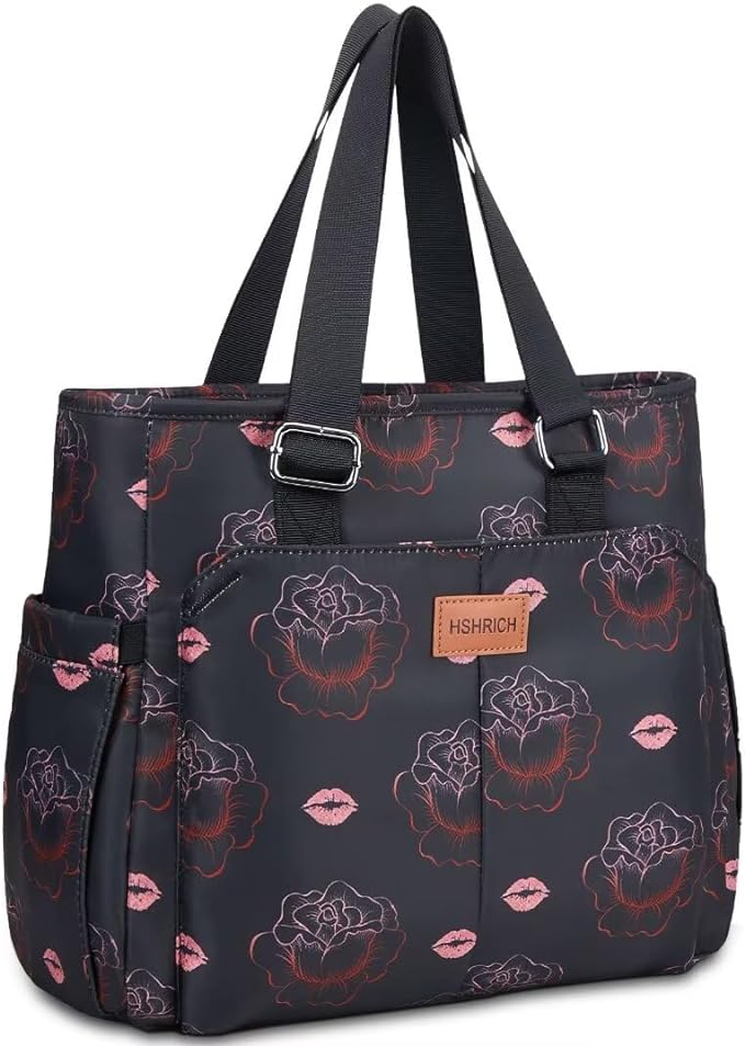 Large Women Lunch Bags for Work/Insulated Adult Lunch Box for Women/Leakproof Cooler Lunch Tote Bag with Storage Pocket. Reusable Lunch Cooler Purse for Work Picnic Hiking 14L,Black Rose