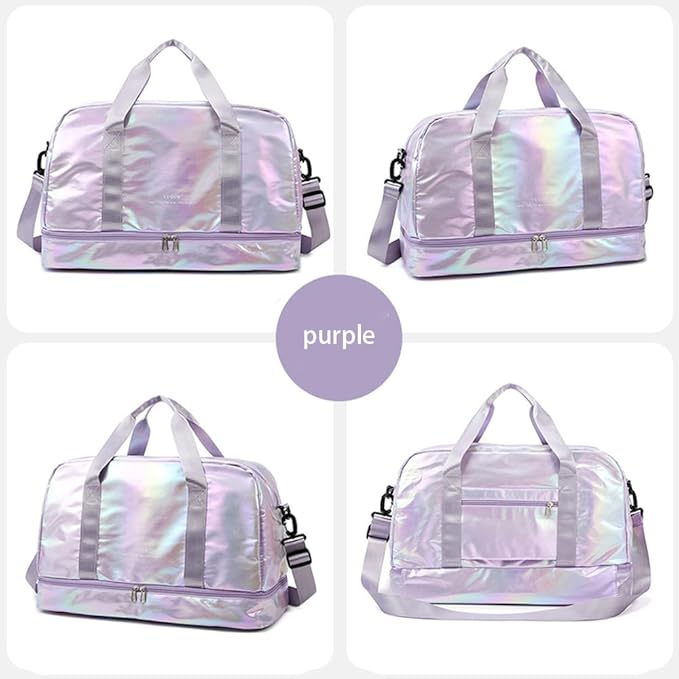 Holographic Shimmering Gym Duffle Bag with Shoes Compartment & Wet Pocket, Women Weekend Overnight Travel Bag Gymnastic Dance Bag for Girl (purple)