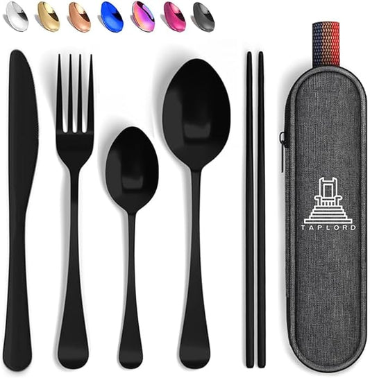 Portable Travel Silverware Set With Case, Includes 5 Pcs of Travel Utensils With Case, Stainless Steel Flatware Set For Camping, Easy to Travel, Lightweight (Black), Medium, TL-05B
