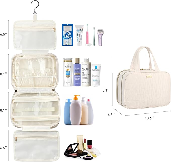 Voova Hanging Travel Toiletry Bag for Women Men, Waterproof Makeup Cosmetic Organizer Holder for Toiletries Accessories, Traveling Essentials,Shampoo,Full-Sized Container, Brushes Kit Set, Beige