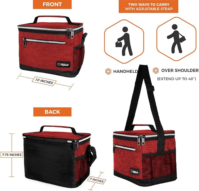 opux Insulated Lunch Box Men Women, Lunch Bag for Work School, Leakproof Soft Cooler Tote Adult, Large Lunch Pail Kids Boys Girls, Picnic Beach Food Bag with Shoulder Strap, Red