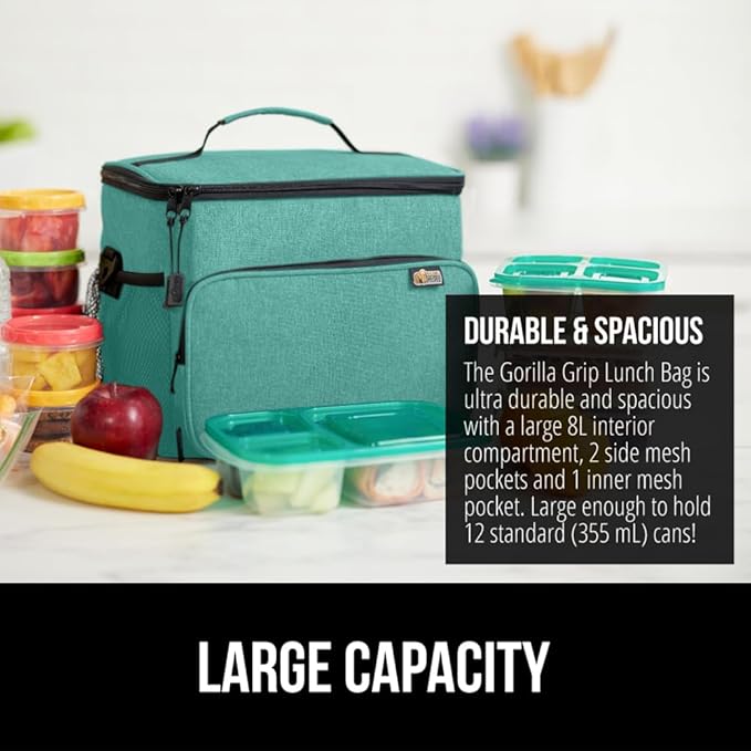 GORILLA GRIP Reusable Insulated Lunch Box Bag for Women Men, Large Leakproof Soft Cooler Bags, Multiple Compartments, Mesh Pockets, Adjustable Strap, Food Tote Keeps Drinks Cold, 8L, 10x9, Turquoise