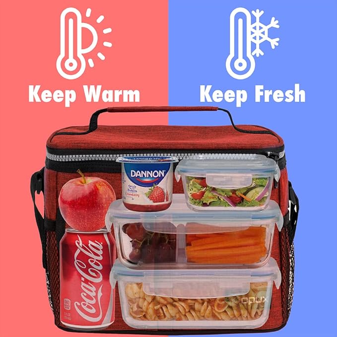 opux Insulated Lunch Bag for Men Women, Leakproof Heather Red Lunch Box for Work, Portable Soft Lunch Cooler Bag with Shoulder Strap, Adult Lunchbox Lunch Pail for Kid Boy Girl School, 14 Can/8L