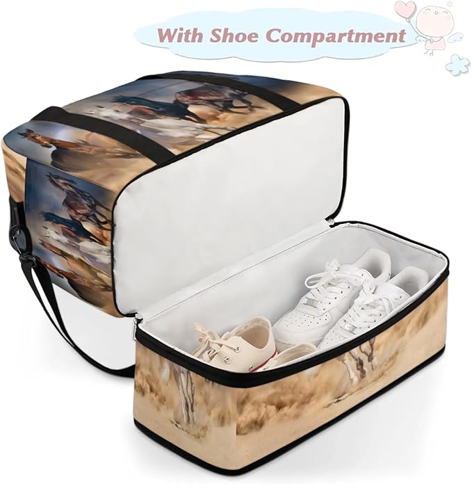 Running Horse Foldable Travel Duffel Bag, Expandable Sports Gym Bag with Shoes Compartment Weekender Overnight Totes Bags for Women Men