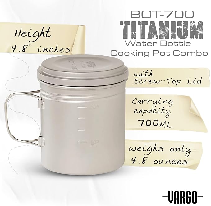 Vargo Titanium BOT Series | Vargo BOT - 700 | Titanium Cooking Pot and Water Bottle with Foldable Handles and Watertight Lid | 700ml (23 oz.)
