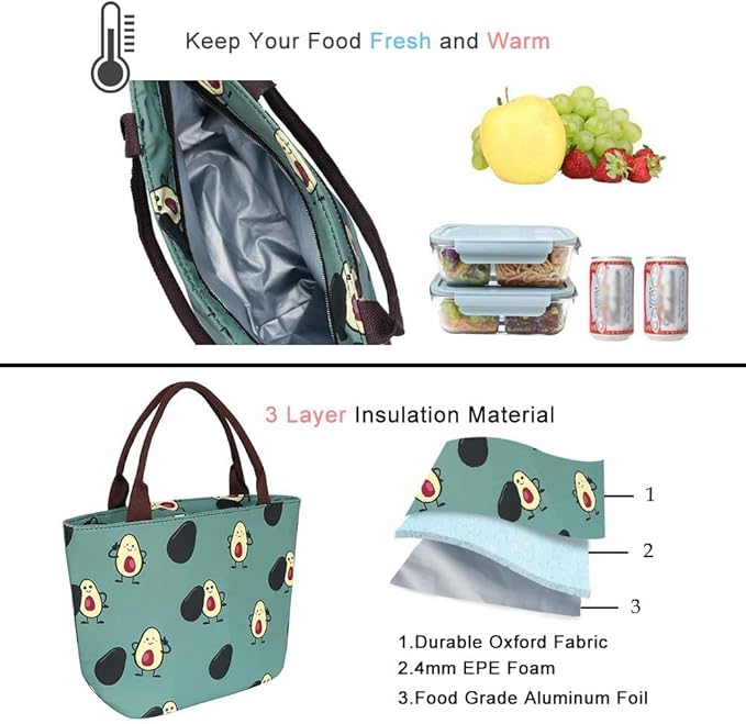 E-Clover Lunch Box for Women Insulated Lunch Bag Reusable Lunchbox Cooler Bags for Office Work Beach Travel Avocado Gifts