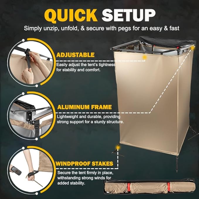 Fits for Jeep/Toyota Shower Tent Awning | 300D Ripstop Fabric,Instant Setup for 4x4 Overlanding & Boating - Aluminum Frame with Shower Head Holder - for Camping, Off-Roading, Fishing & Road Trips