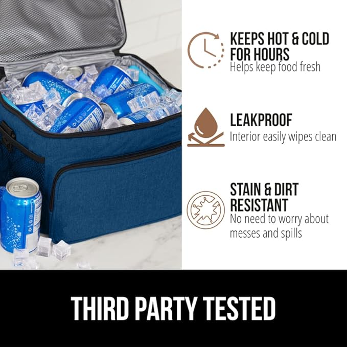 GORILLA GRIP Reusable Insulated Lunch Box Bag, Large Capacity, Leakproof Soft Cooler Bags, Mesh Pockets and Adjustable Strap, Food Tote for Work Camping School, Keep Drinks Cold, 8L, 10x9, Navy Blue