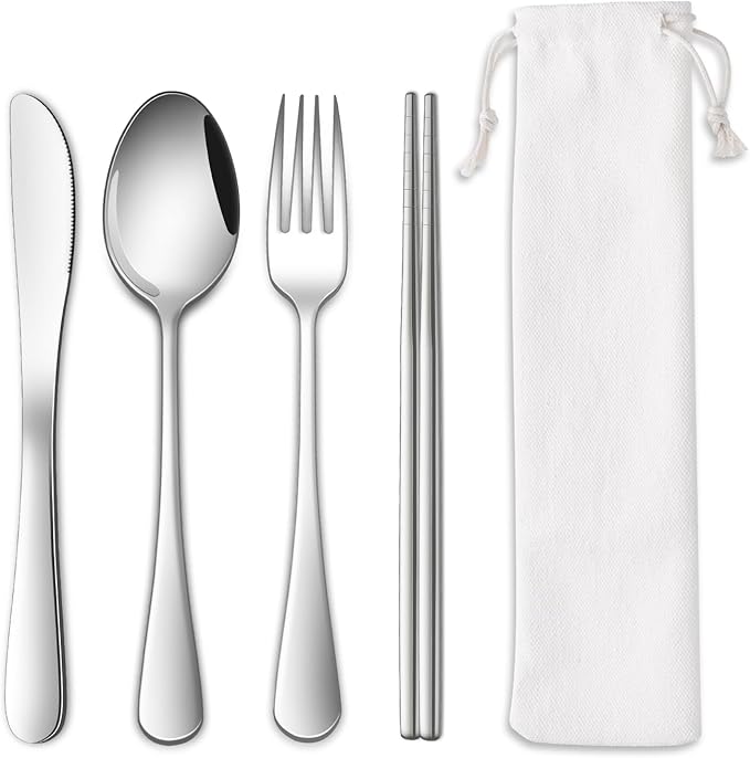 Travel Utentils Set With Pouch,Reusable Portable Camping Silverware Set Knife Spoon Fork Chopsticks For Picnic,Travel Accessories Gadgets,Picnic Essentials