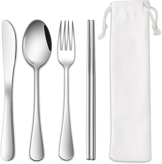 Travel Utentils Set With Pouch,Reusable Portable Camping Silverware Set Knife Spoon Fork Chopsticks For Picnic,Travel Accessories Gadgets,Picnic Essentials