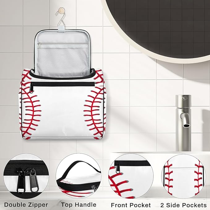 Sport Baseball Large Capacity Toiletry Travel Makeup Bag for Women Men, Ball Portable Waterproof Cosmetic Make up Case Organizer Bathroom Shower Bag with Handle Travel Accessories