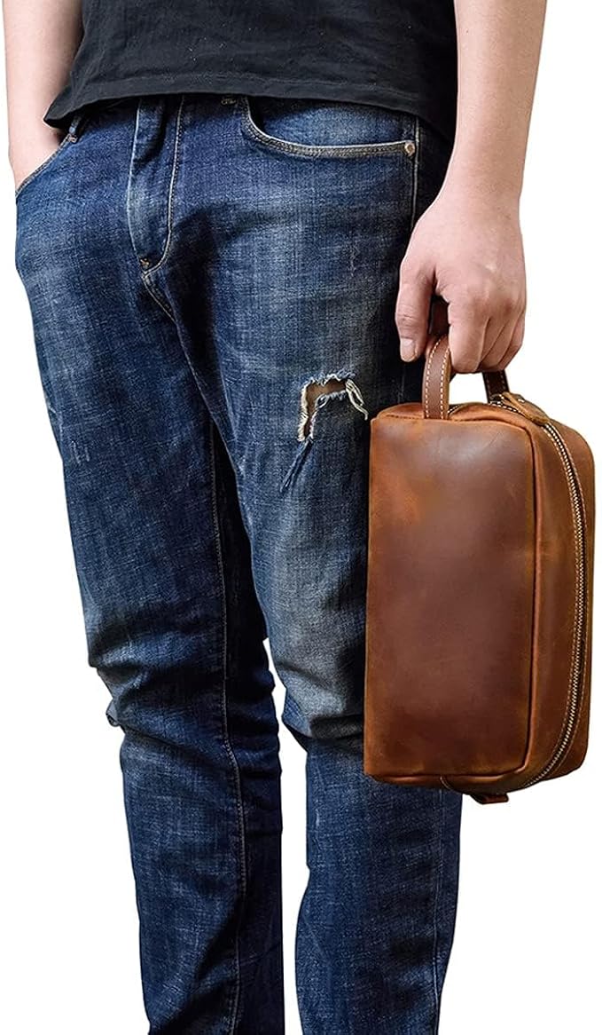 Toiletry Bag for Men or Women, Full Grain Leather Handcrafted Dopp Kit, Vintage Travel Leather Toiletry Travel Pouch, Large Cosmetic Bathroom Travel Shaving Bag, Fully Lined with Cotton Fabric