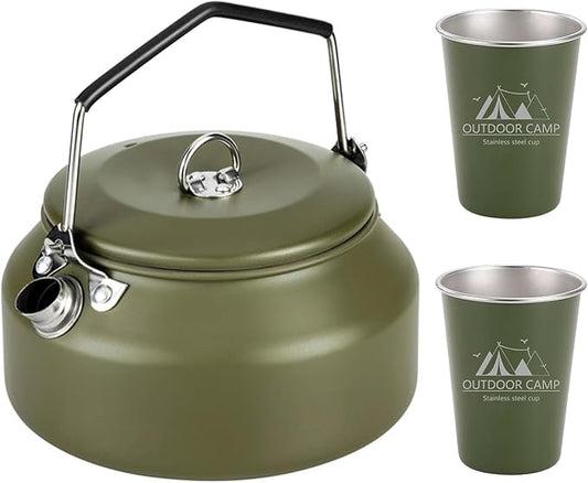 3PCS Camping Kettle Outdoor Campfire Camp Kettle Set with 2 Cups, 1L Stainless Steel camping tea kettle Coffee Pot, Portable Lightweight Teapot, Ideal for Hiking Picnic Travel, Green