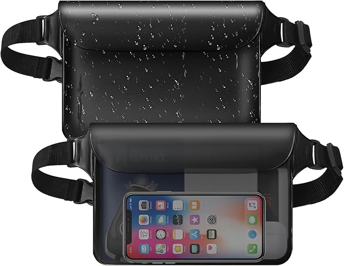 Waterproof Fanny Pack 2 Pack 8.9" Waterproof Pouch for Phone Passport Wallet Purse with Adjustable Waist Strap Kayak Accessories for Travel Beach Cruise Travel Essentials Accessories
