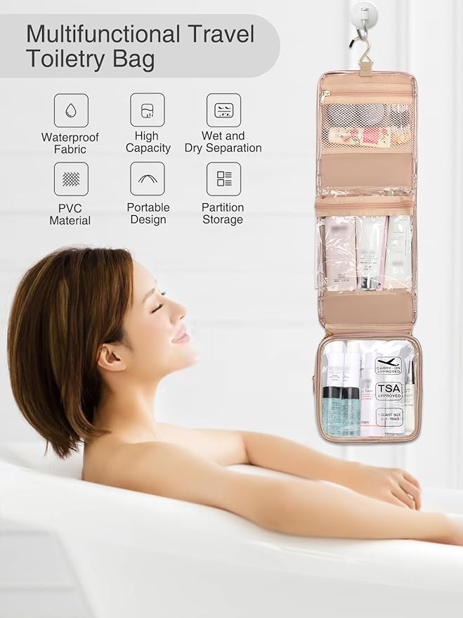 Hanging Toiletry Bag for Women with Tsa Approved Toiletry Bag, Travel Foldable Toiletries Bag, Roll up Cosmetics Jewelry Toiletry Bag, Water Resistant Makeup Organizer
