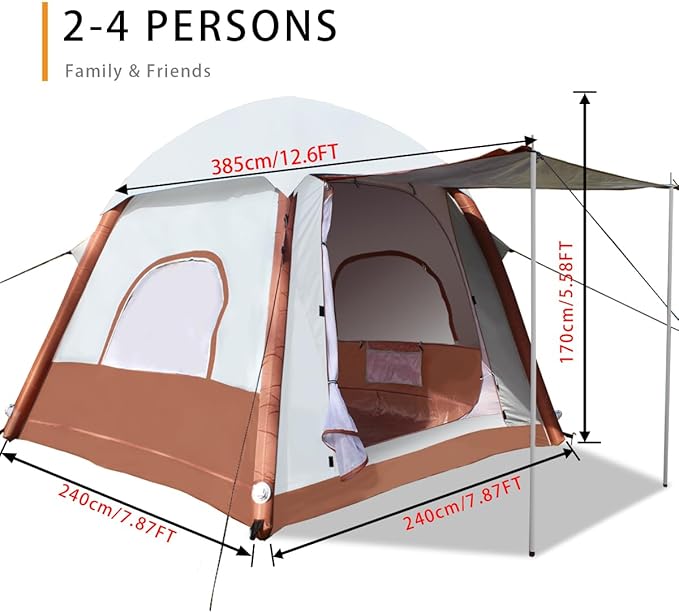 Upgrade Inflatable Camping Tent with Pump, Easy Setup 4 Season Glamping Tent, 2-4 Persons Waterproof Windproof Outdoor Self-Supporting Air Tent-7.8FT x 7.8FT x 5.6FT