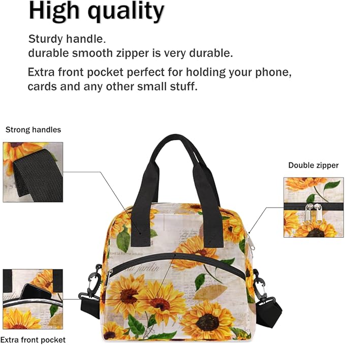 Sunflower Floral Insulated Lunch Bags for Women Men Adult Yellow Flower Reusable Lunch Tote Therma Cooler Bag with Shoulder Strap Lunch Box for School Work Office Picnic Meal Prep Bag