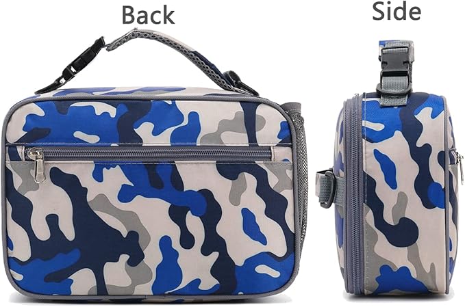 FlowFly Kids Lunch Bag, Durable Insulated School Lunch Box with Shoulder Strap and Bottle Holder, Water-resistant Thermal Small Lunch Cooler Tote for Teen Boys & Girls,Blue Camo