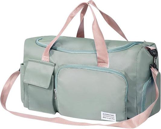 Small Gym Bag for Women, Travel Tote Bag with Compartments, Wet Pocket, Zipper for Dance, Swim, Sports Overnight Bag Green with Pink Handles