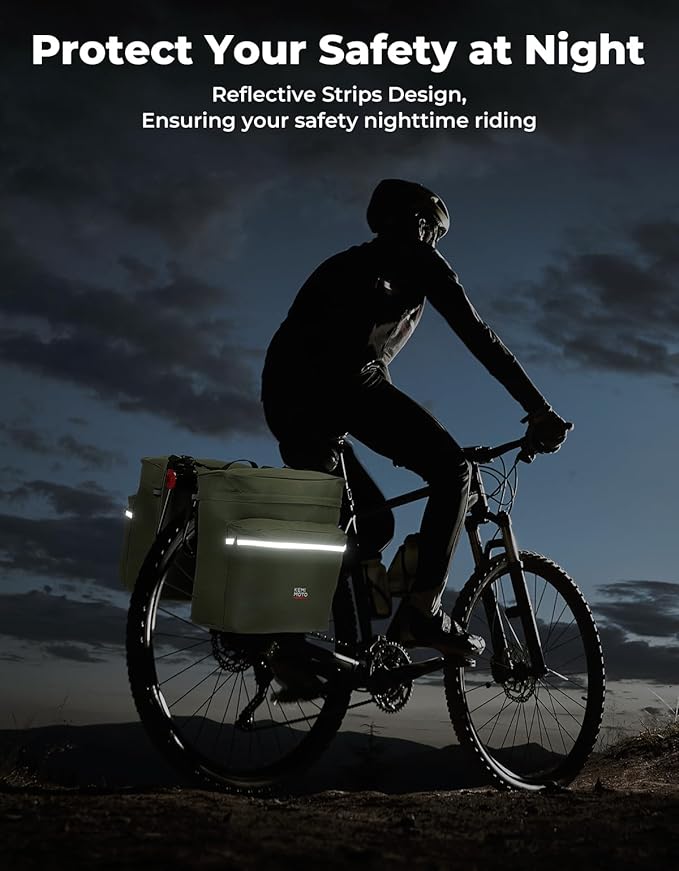 KEMIMOTO Portable Bike Pannier Bag, 34L Large Capacity Water Resistant Bicycle Trunk Bag with Reflective Trim, Bike Rear Seat Saddle Bag for Grocery Shopping Commuter Long Cycling Trip (Green)