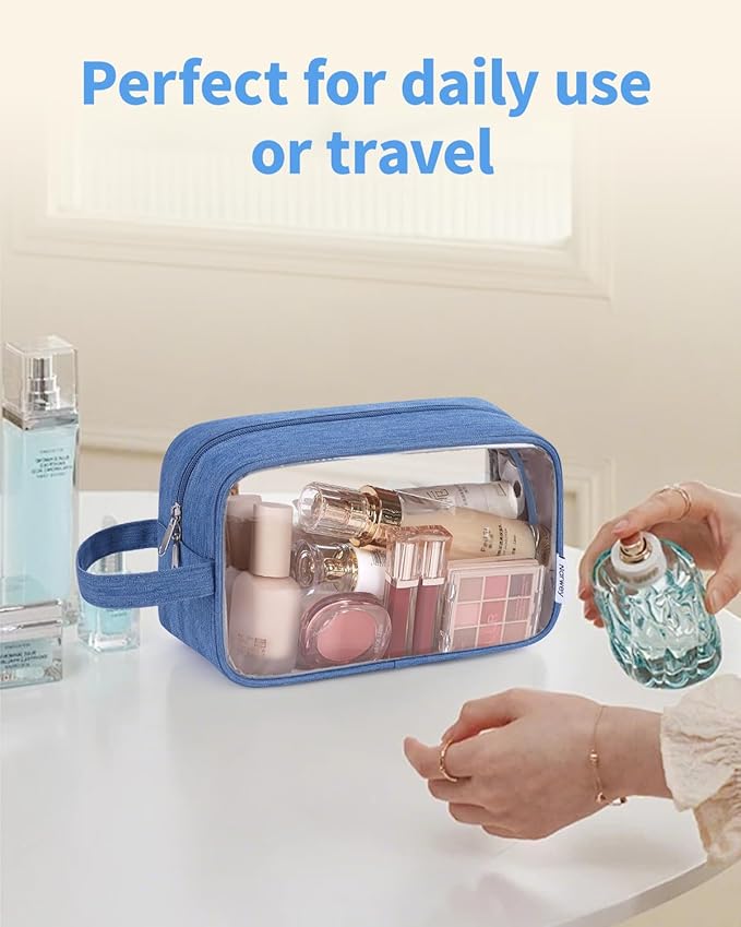 Narwey Clear Travel Toiletry Bags for Traveling Toiletries Men Women, Clear Makeup Bag Cosmetic Bag with Zipper, Make Up Pouch Organizer Bags with Handle, Skincare Bag (Navy Blue)