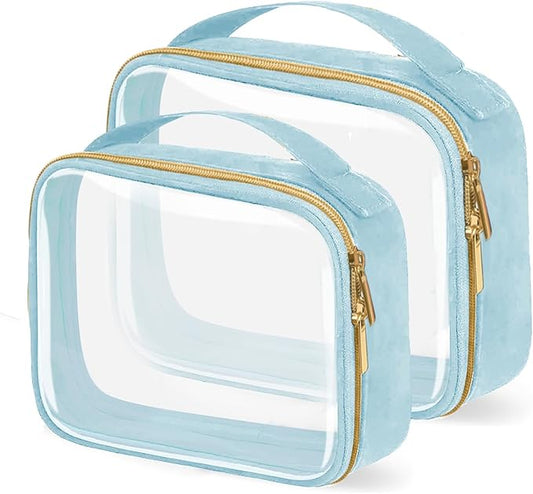 TSA Approved Travel Toiletry Bag,2 Pack Clear Makeup Bags with Handles,Quart Size Clear Cosmetic Bags for Traveling Women,Men,Carry on Airport Airline Compliant Bag,Blue