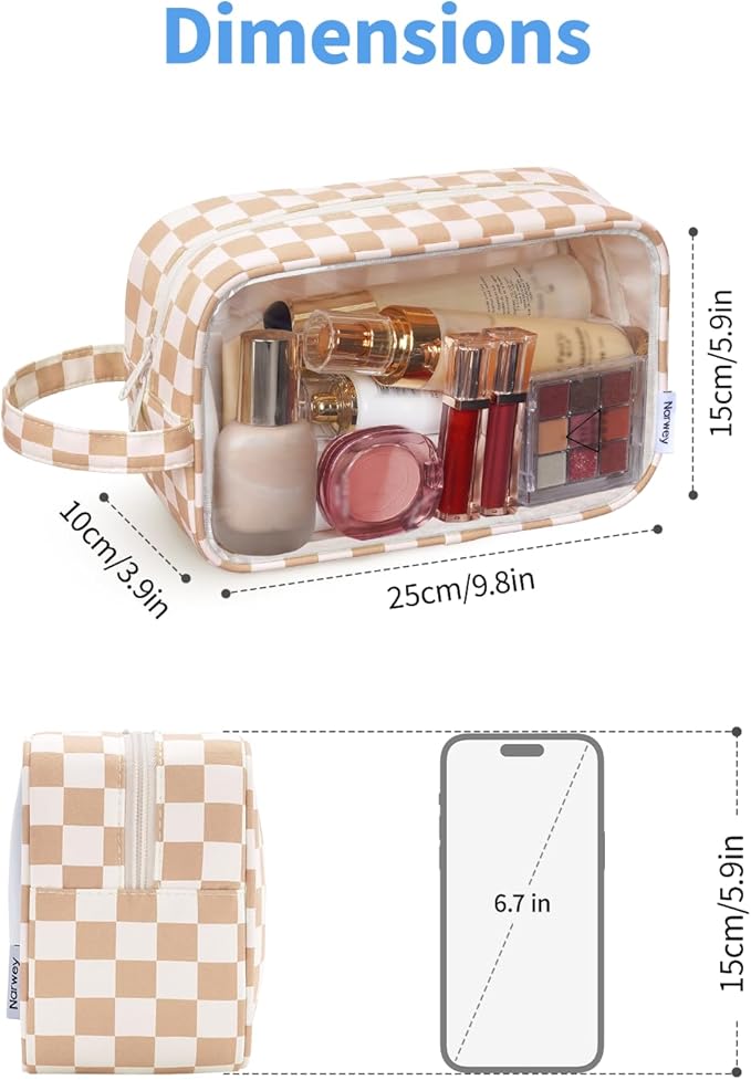 Narwey Clear Makeup Bag Cosmetic Bag with Zipper for Travel, Clear Toiletry Bags for Traveling Toiletries Women Men, Make Up Pouch Organizer with Handle, Skincare Bag (Light Checkerboard)