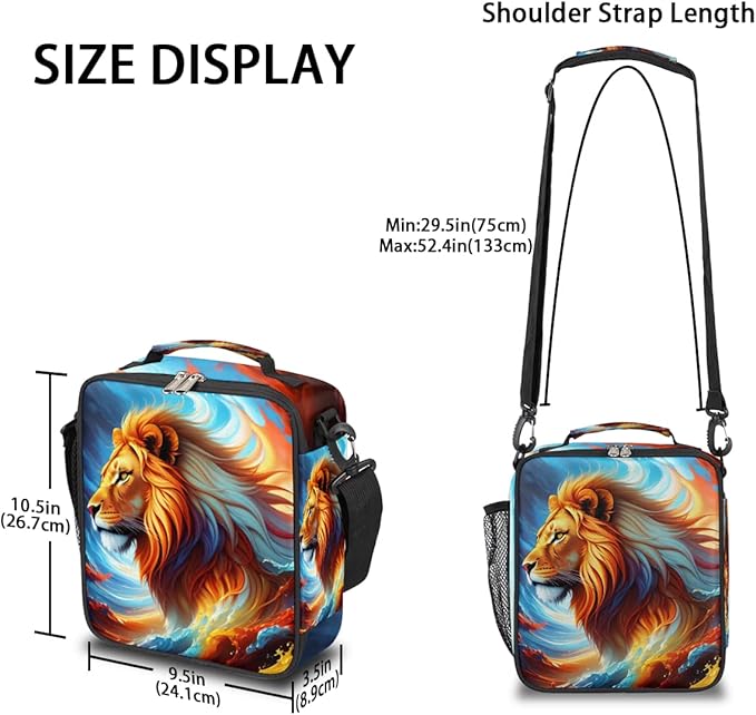 Lion Colorful Ocean Wave Art Animal Boys Lunch Box, Reusable Insulated Waterproof With Adjustable Shoulder Strap, Thermal Cooler Tote Bag for School, Daycare, Picnic
