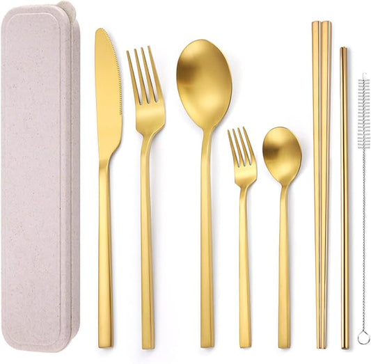 AARainbow 8 Pieces Stainless Steel Flatware Set Portable Reusable Cutlery Set Travel Utensils Set Including Chopsticks Knife Fork Spoon Straws Cleaning Brush Dishwasher Safe (B-Golden)