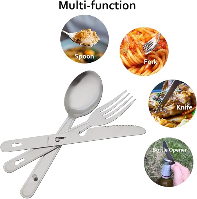 4-in-1 Camping Utensils Hiking Cutlery Set for 4, Portable Stainless Steel Flatware Spoon Fork, Knife & Bottle Opener Combo pack for Picnic Travel, Barbecue, Backpack Outdoor Gear with Carrying Bag