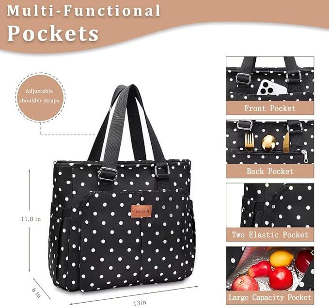 Lunch Bag Lunch Box Women - Large Tote Lunch Bags Men Women: Leakproof Insulated Lunch Cooler Bag for Adults 14L, White Dots