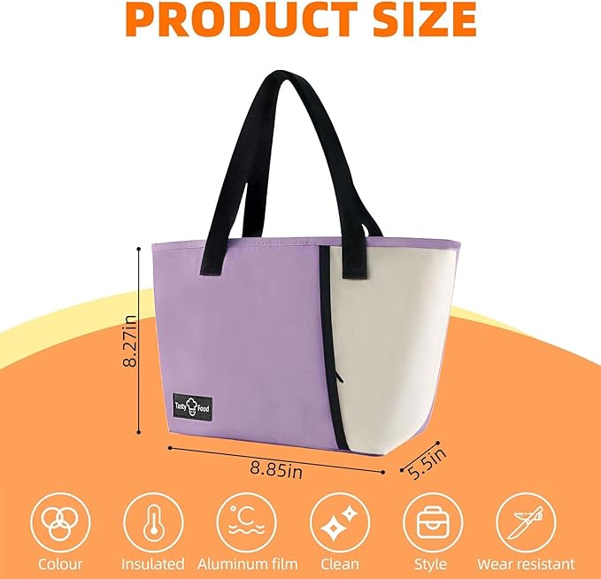 Lunch Bag for Women Men, Reusable Lunch Tote Lunch Box, Large Capacity Leakproof Lunch Tote Bags with Front Pocket for Work Office Picnic or Travel (Purple)