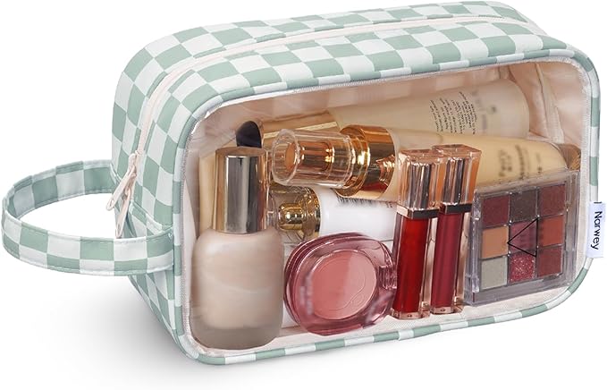 Narwey Checkered Clear Makeup Bag Cosmetic Bag with Zipper for Travel, Clear Toiletry Bags for Traveling Toiletries Women Men, Make Up Pouch with Handle, Skincare Bag (Mint Green Checkerboard)