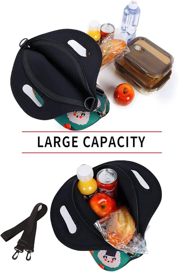 Violet Mist Women's Neoprene Insulated Lunch Bag Thermal Resealable Lunch Bag Tote Large with Extra Pocket Detachable Adjustable Shoulder Strap, Eye Sushi