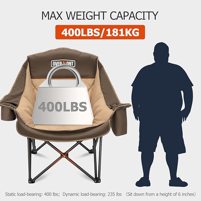 Overmont Oversized XL Camping Chair for Adults - 450lbs Support Heavy-Duty Padded Folding Chair with Side Pocket Cup Holder Cooling Bag for Outdoor Sports Garden Beach Fishing Lawn Khaki