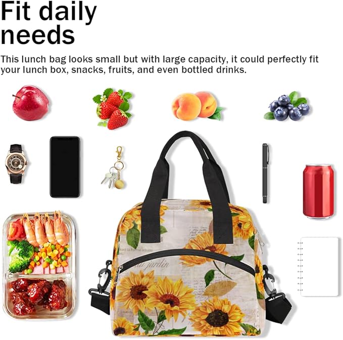 Sunflower Floral Insulated Lunch Bags for Women Men Adult Yellow Flower Reusable Lunch Tote Therma Cooler Bag with Shoulder Strap Lunch Box for School Work Office Picnic Meal Prep Bag