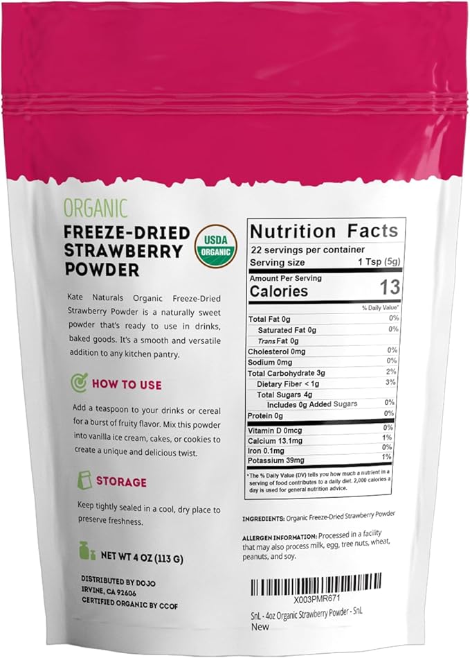 Kate Naturals Organic Freeze Dried Strawberry Powder for Baking & Drinks. Natural Strawberry Flavoring for Cakes, Icing & Smoothies (4oz, No Added Sugar)